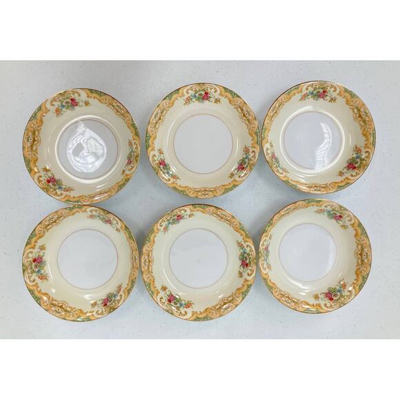 Vintage Noritake 6 Set Green Cream Gold Trim Floral Pattern Dessert Fruit Bowls - Picture 1 of 7